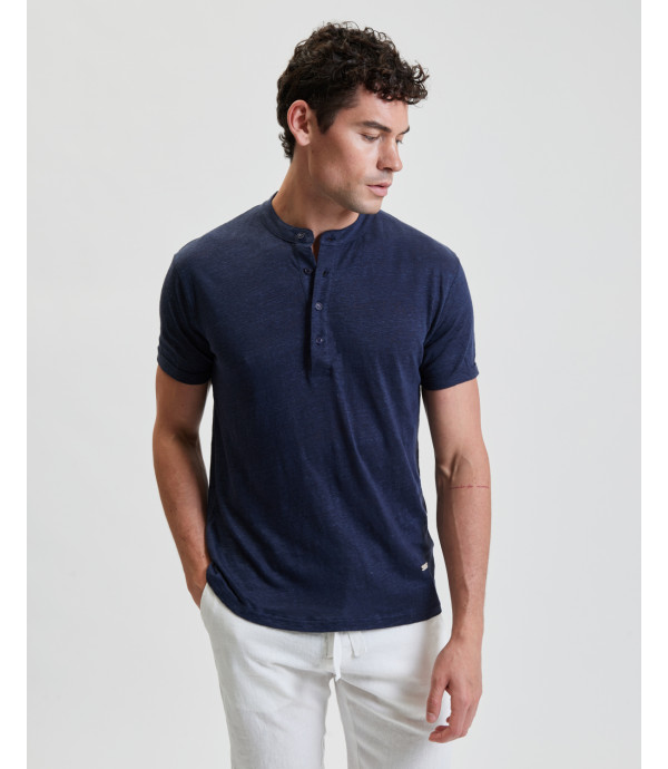 Mandarin collar polo shirt in linen