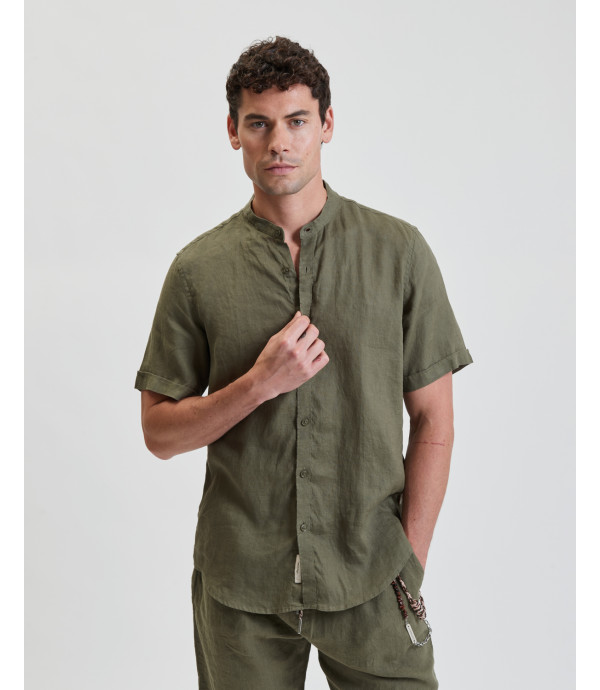 Mandarin collar linen short sleeve shirt